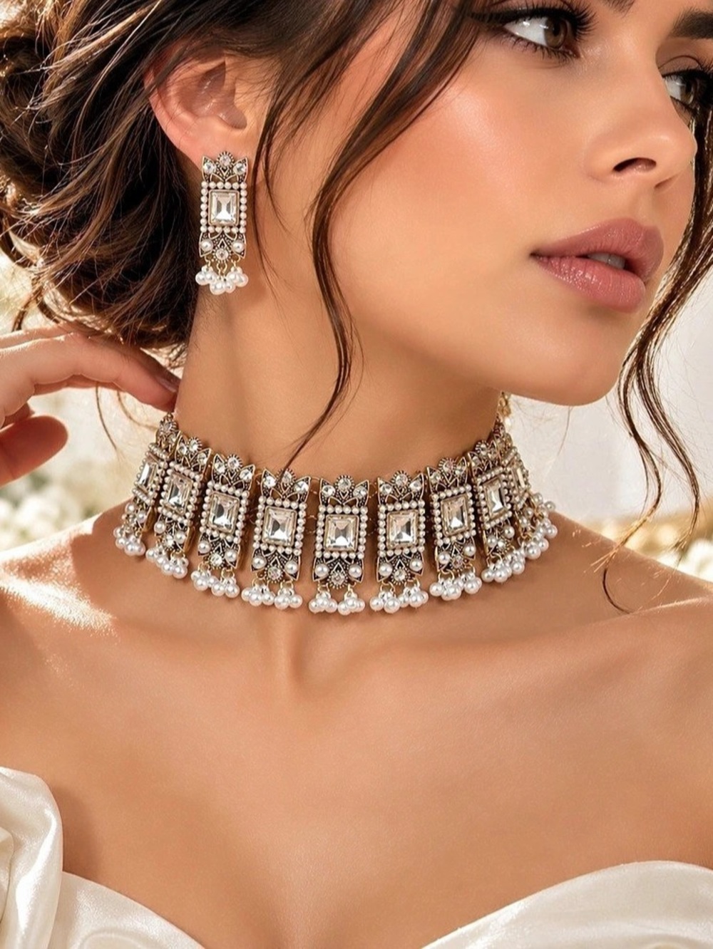 Vintage Pearl & Crystal Statement Choker Necklace Set